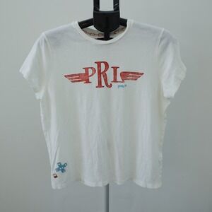 Polo Ralph Lauren T-Shirt Women's Large L White Logo Beaded Short Sleeve Cropped